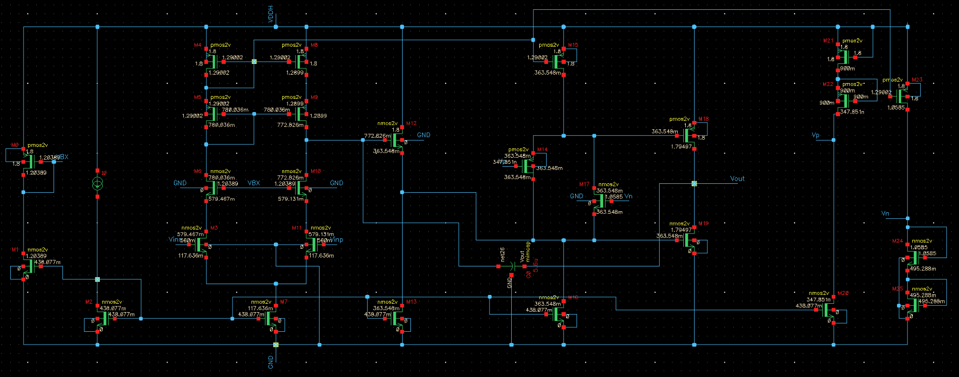 Cadence Virtuoso schematic of the full amplifier.