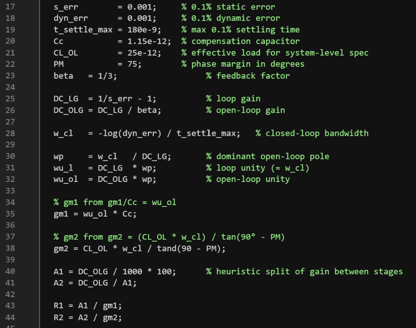 MATLAB system-level design script computing required transconductances and gain split from the specifications.
