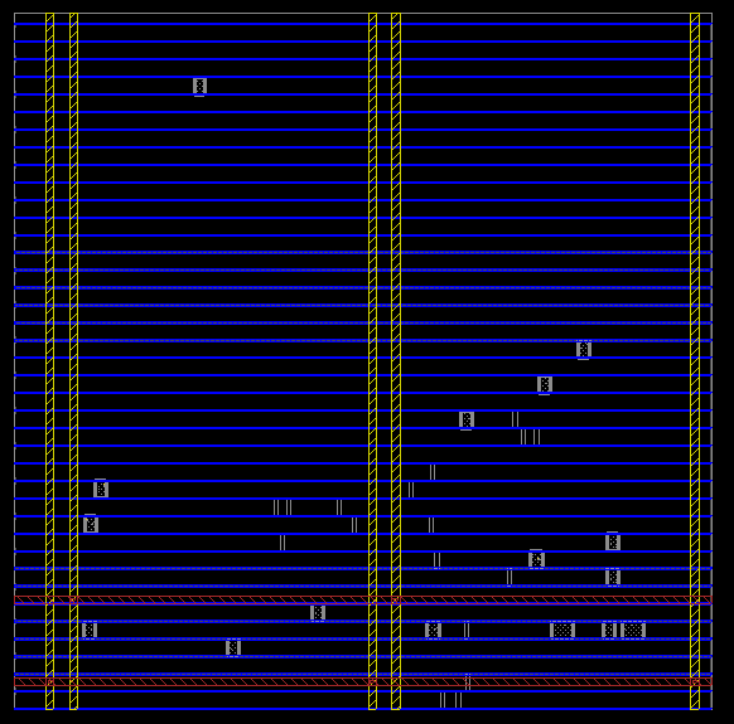 Floorplan view of the routed 180 µm × 180 µm die.