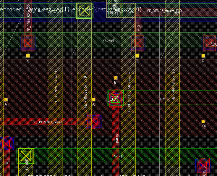 Zoomed routing detail showing multi-layer metal interconnect.