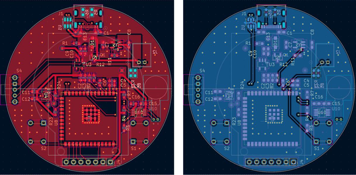 PCB layout of the round board showing the top copper (red) and bottom copper (blue) layers side by side.