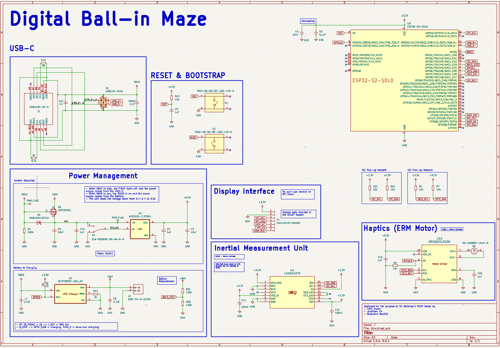 Full KiCad schematic of the custom ball-in-maze board, with USB-C, reset and bootstrap, power management, display interface, inertial measurement unit, and haptics sections around an ESP32-S2-SOLO.