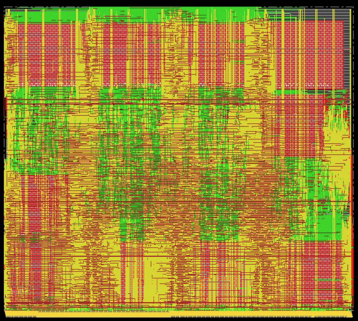 Place-and-routed layout of the core in SkyWater 130nm, showing dense multi-layer routing across the die.
