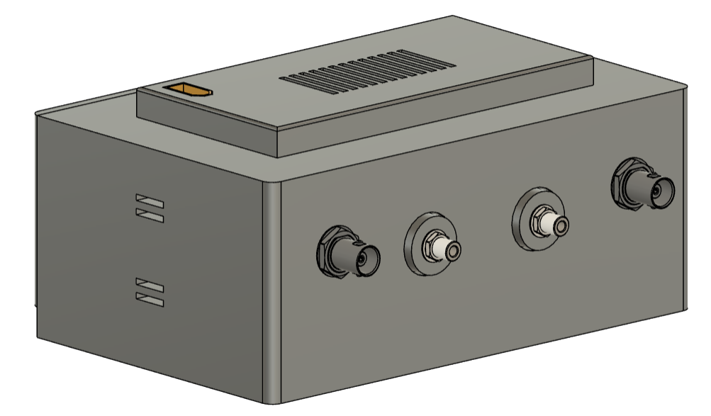 Assembled detector module enclosure with coax outputs and power input.