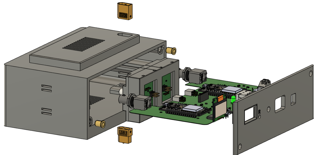 Exploded CAD render of the detector module showing the main PCB inside the enclosure with SiPM modules and front panel.