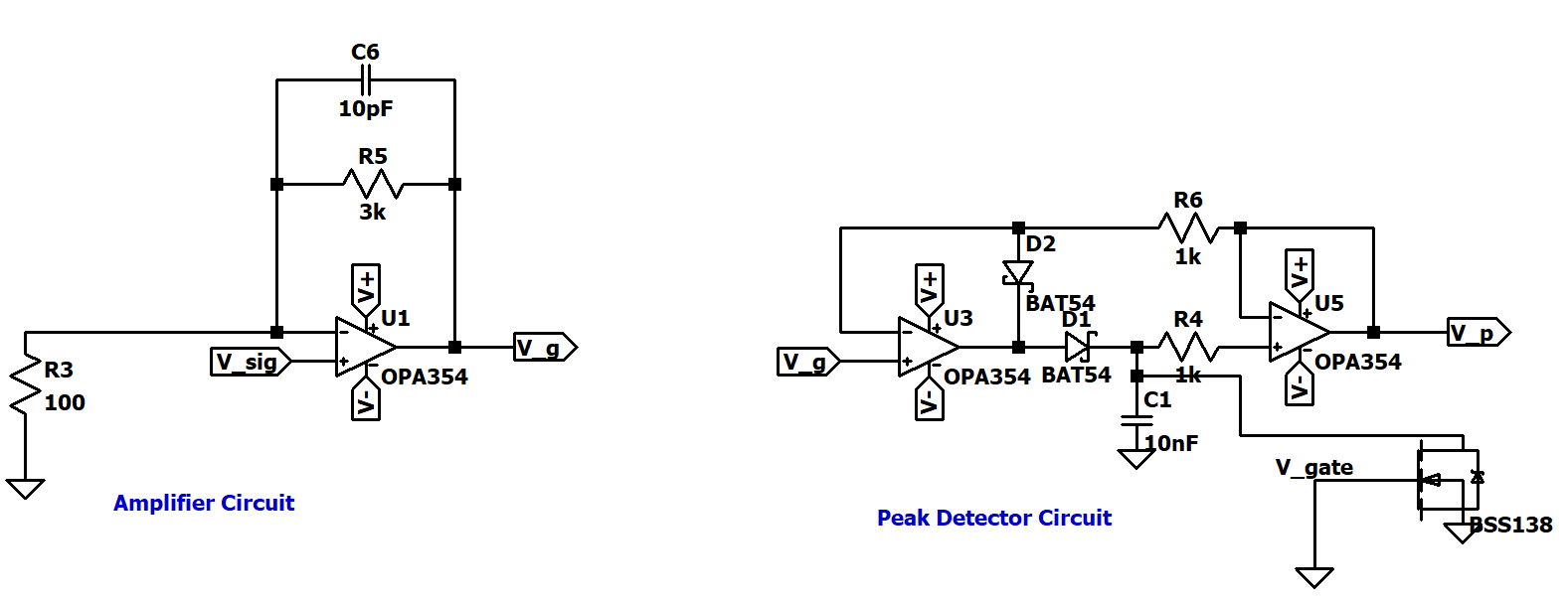 LTspice schematic of the analog front end: amplifier circuit and peak-detector circuit built around OPA354 op-amps.