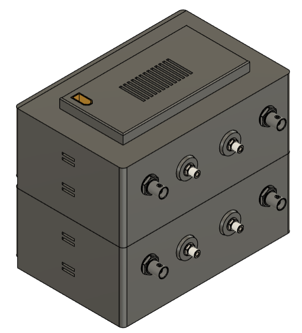 CAD render of stacked detector modules joined by vertical power connectors.