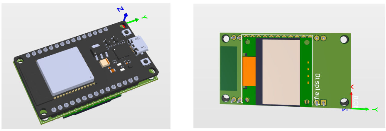 CAD renders of the RX/TX module electronics: a microcontroller board and a display board.